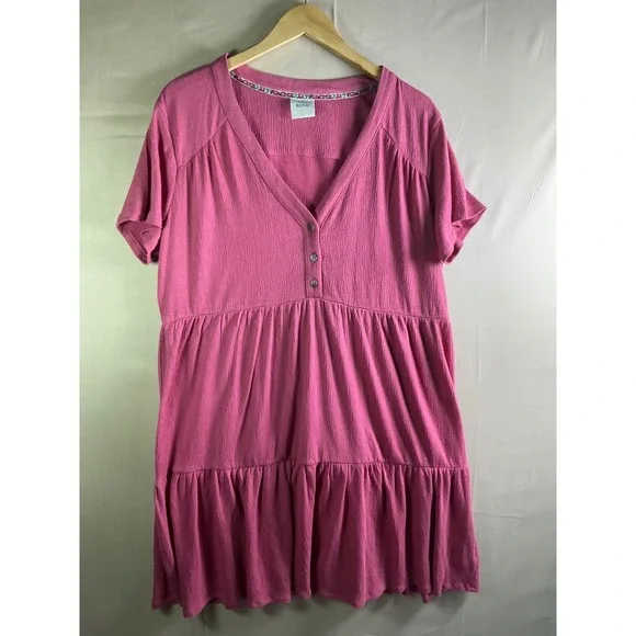 Knox Rose Pink Tiered Babydoll Dress V-Neck Short Sleeve Textured Crepe L - Picture 3 of 9